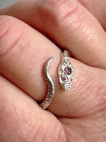 Load image into Gallery viewer, Snake Ring with Ruby Eyes and Spinel , serpent, sterling silver

