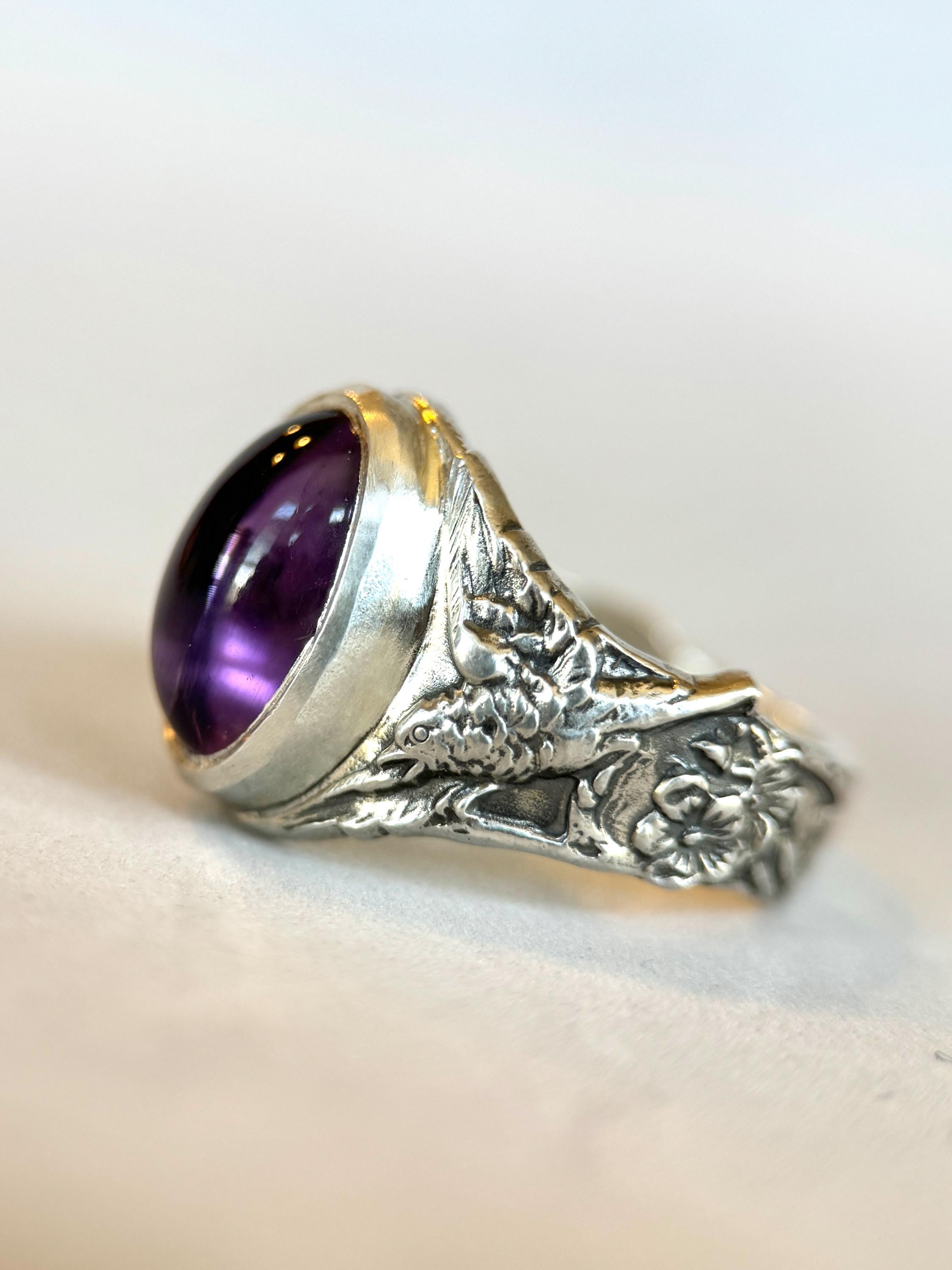 Amethyst Signet Ring With Birds and Flowers in Sterling Silver