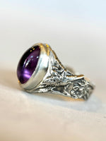 Load image into Gallery viewer, Amethyst Signet Ring With Birds and Flowers in Sterling Silver
