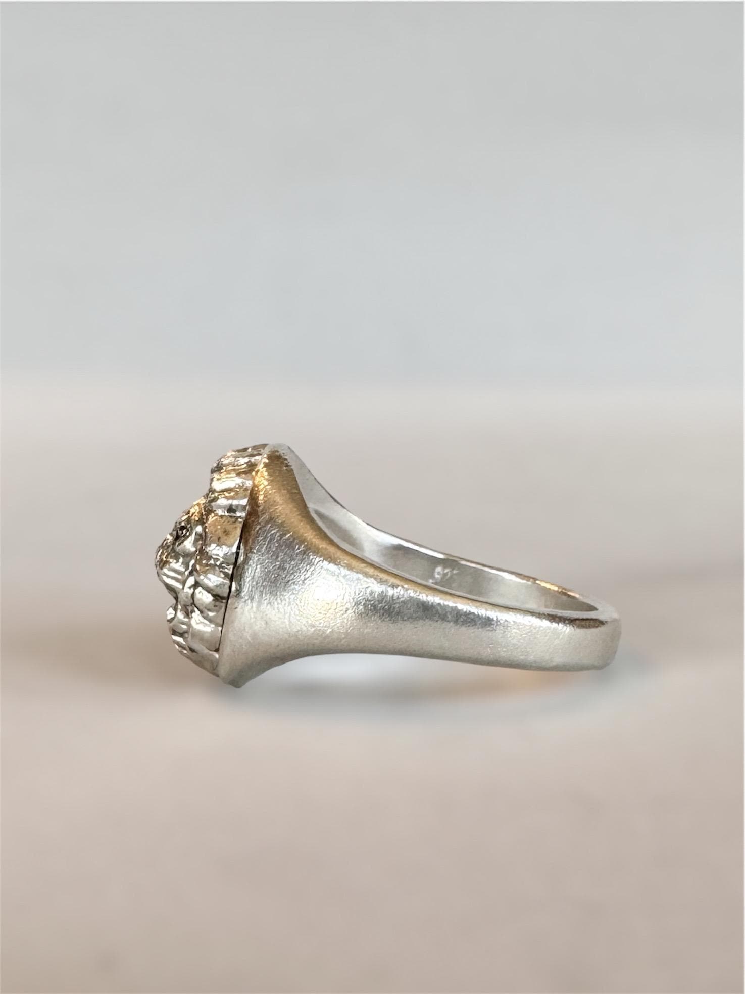 Lion Signet Ring with Black Diamond Eyes, sterling silver