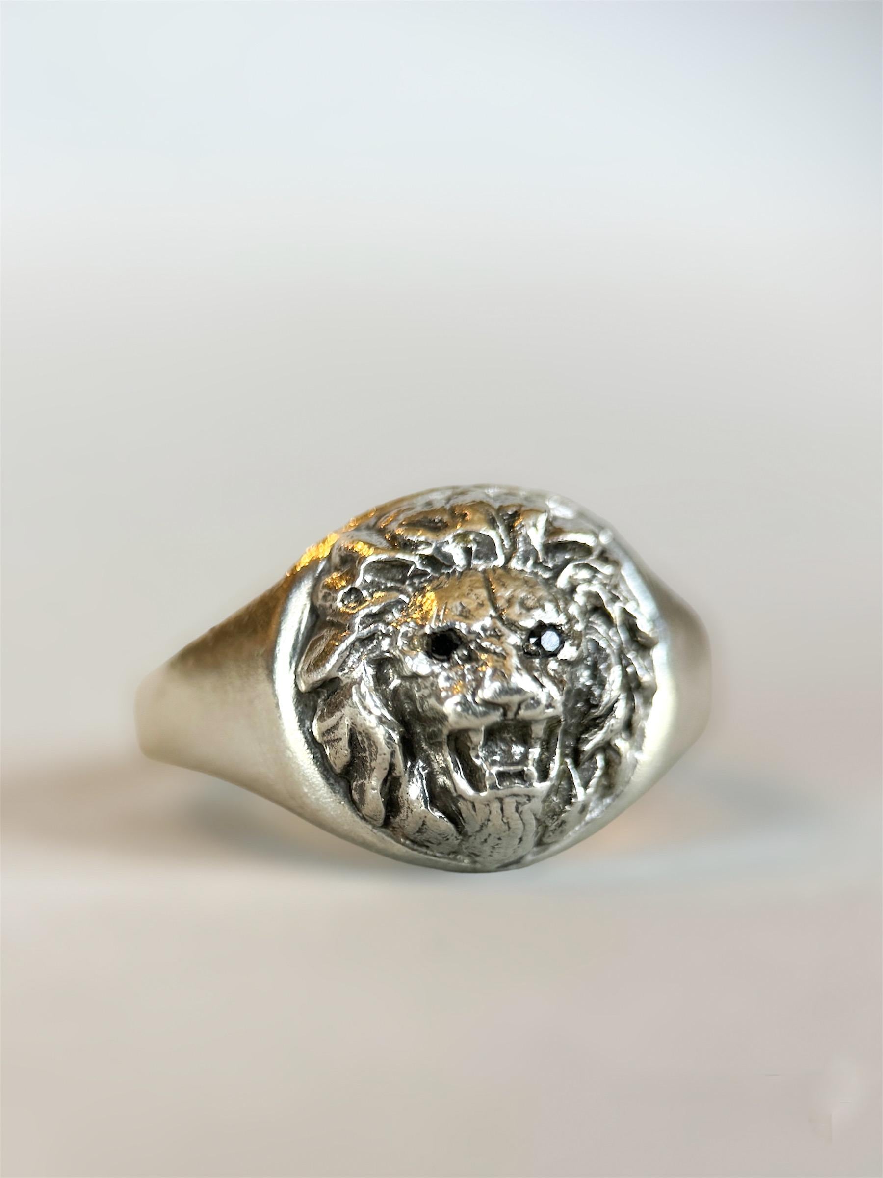 Lion Signet Ring with Black Diamond Eyes, sterling silver