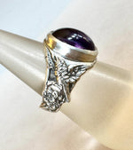 Load image into Gallery viewer, Amethyst Signet Ring With Birds and Flowers in Sterling Silver
