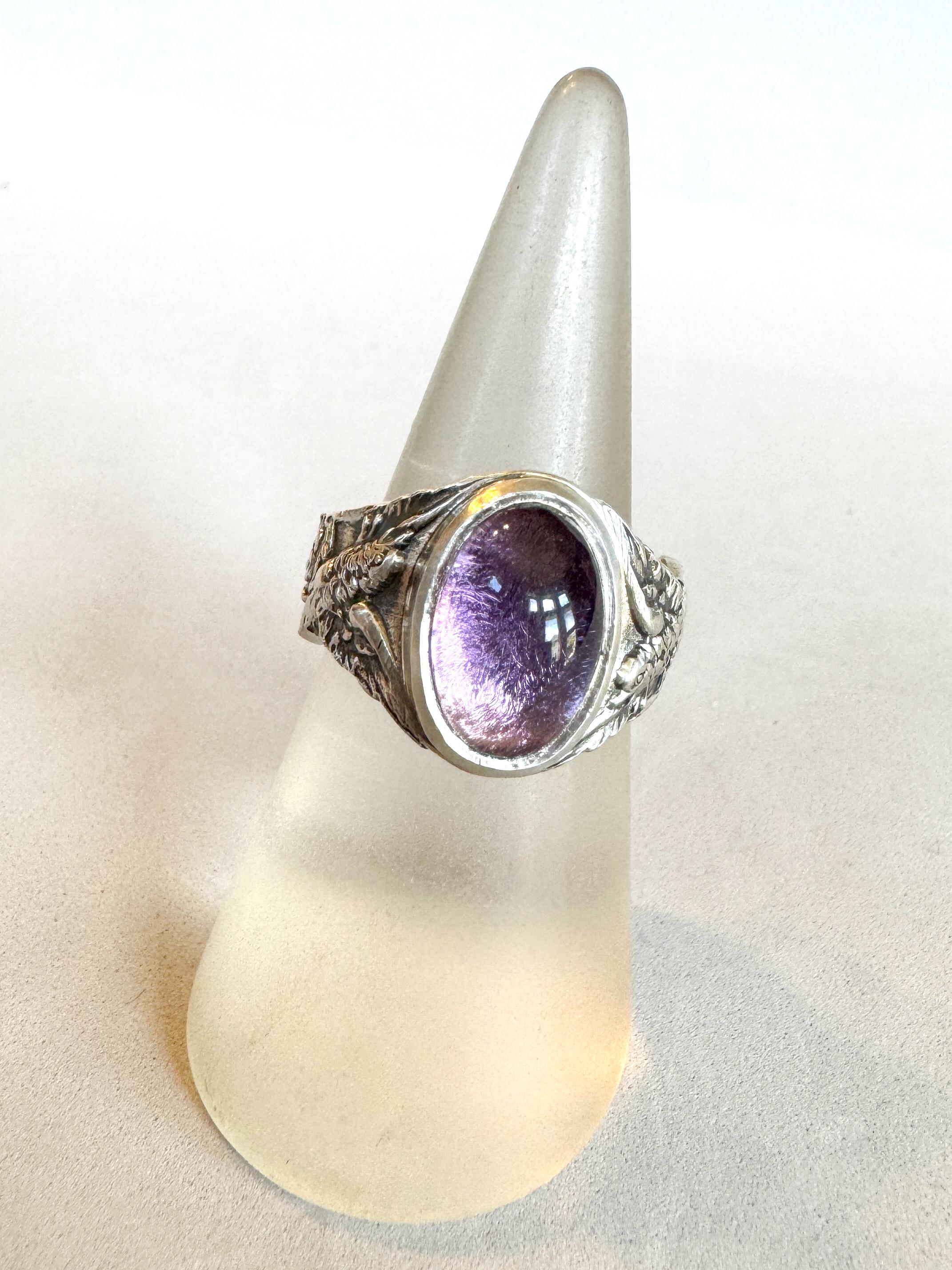 Amethyst Signet Ring With Birds and Flowers in Sterling Silver