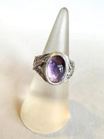 Load image into Gallery viewer, Amethyst Signet Ring With Birds and Flowers in Sterling Silver
