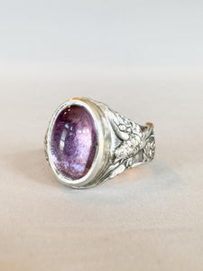 Amethyst Signet Ring With Birds and Flowers in Sterling Silver
