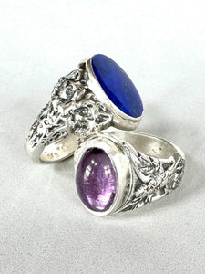 Amethyst Signet Ring With Birds and Flowers in Sterling Silver