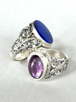 Load image into Gallery viewer, Amethyst Signet Ring With Birds and Flowers in Sterling Silver
