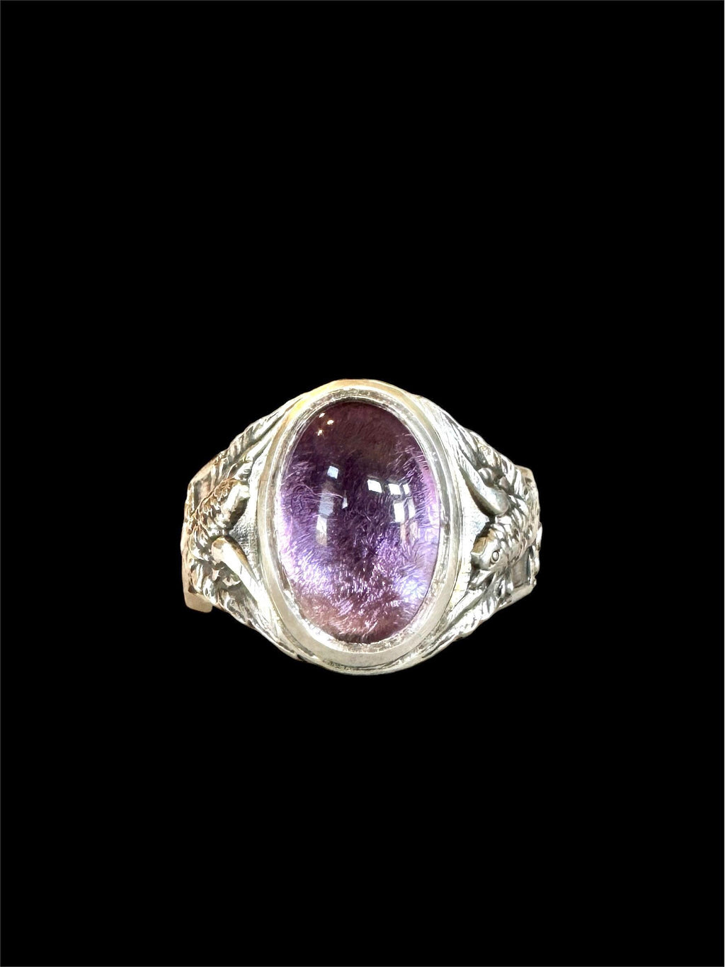 Amethyst Signet Ring With Birds and Flowers in Sterling Silver