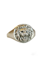 Load image into Gallery viewer, Lion Signet Ring with Black Diamond Eyes, sterling silver
