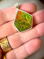 Load image into Gallery viewer, Geometric Ammonite pendant in Sterling Silver, iridescent green
