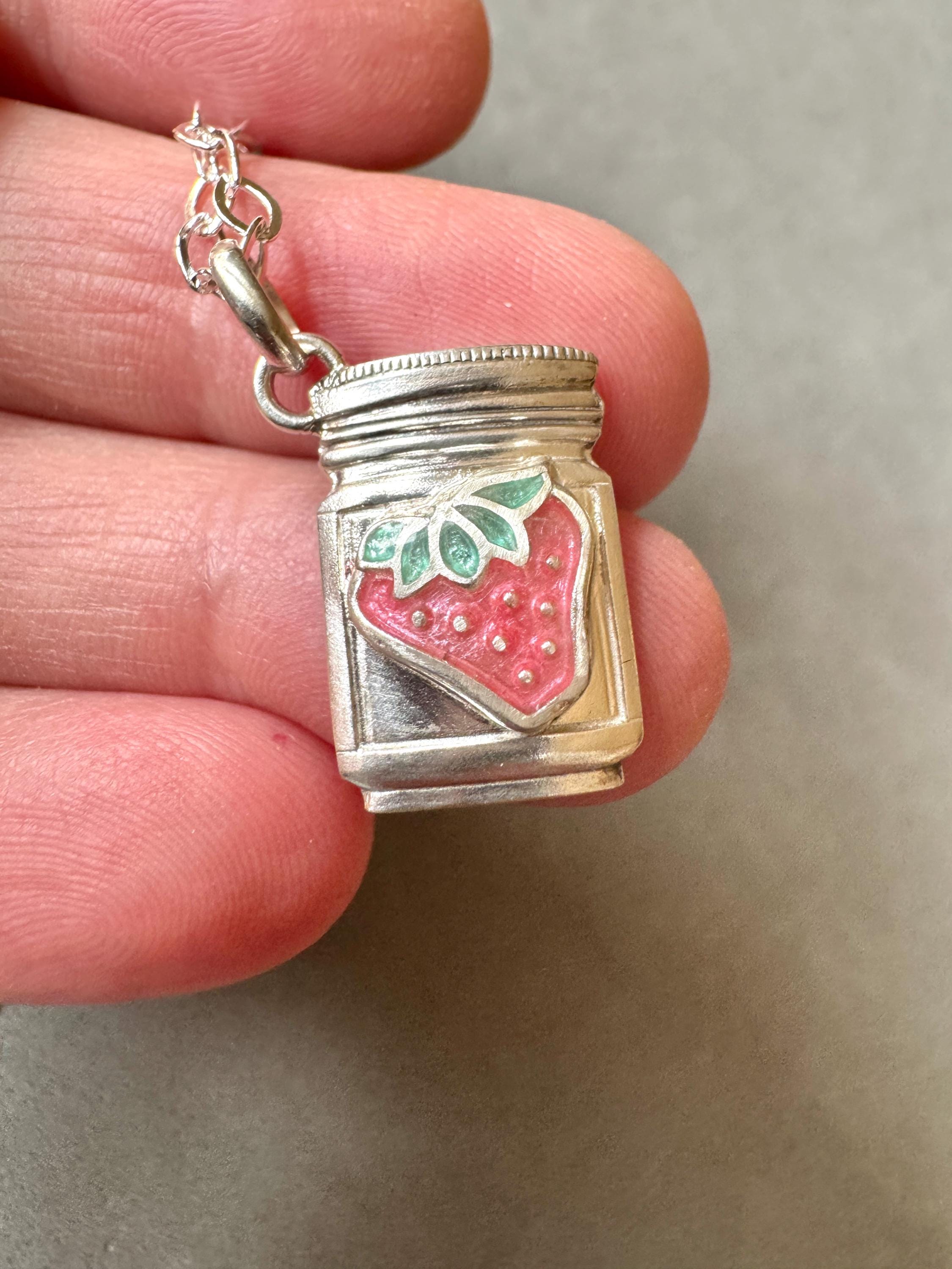 Strawberry Jam pendant in sterling silver, mason jar