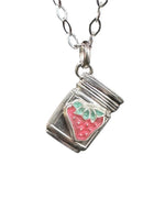 Load image into Gallery viewer, Mason jar of strawberry jam pendant in sterling silver.
