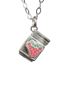 Mason jar of strawberry jam pendant in sterling silver.