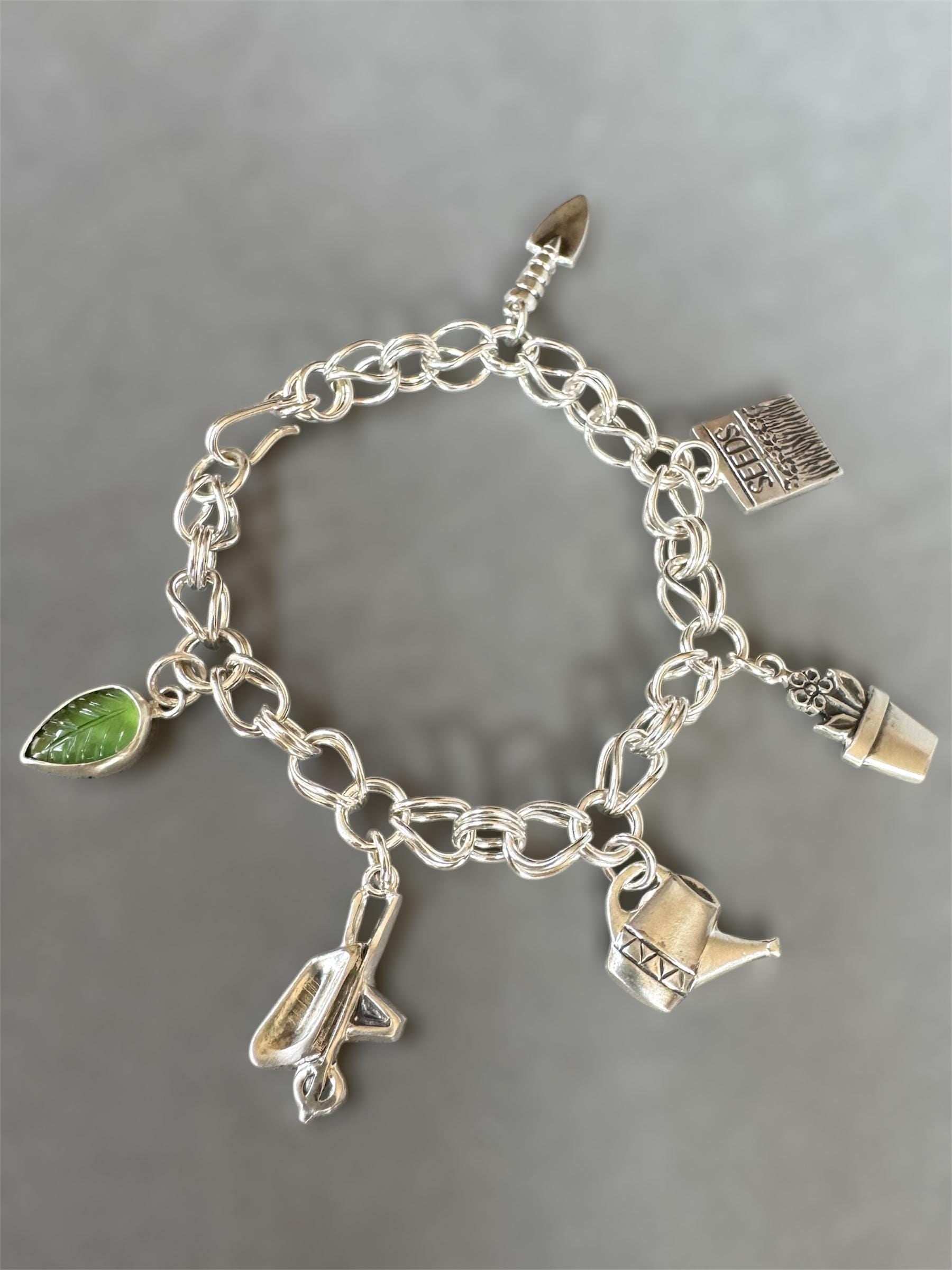 Gardening Charm Bracelet, handmade chain in sterling silver