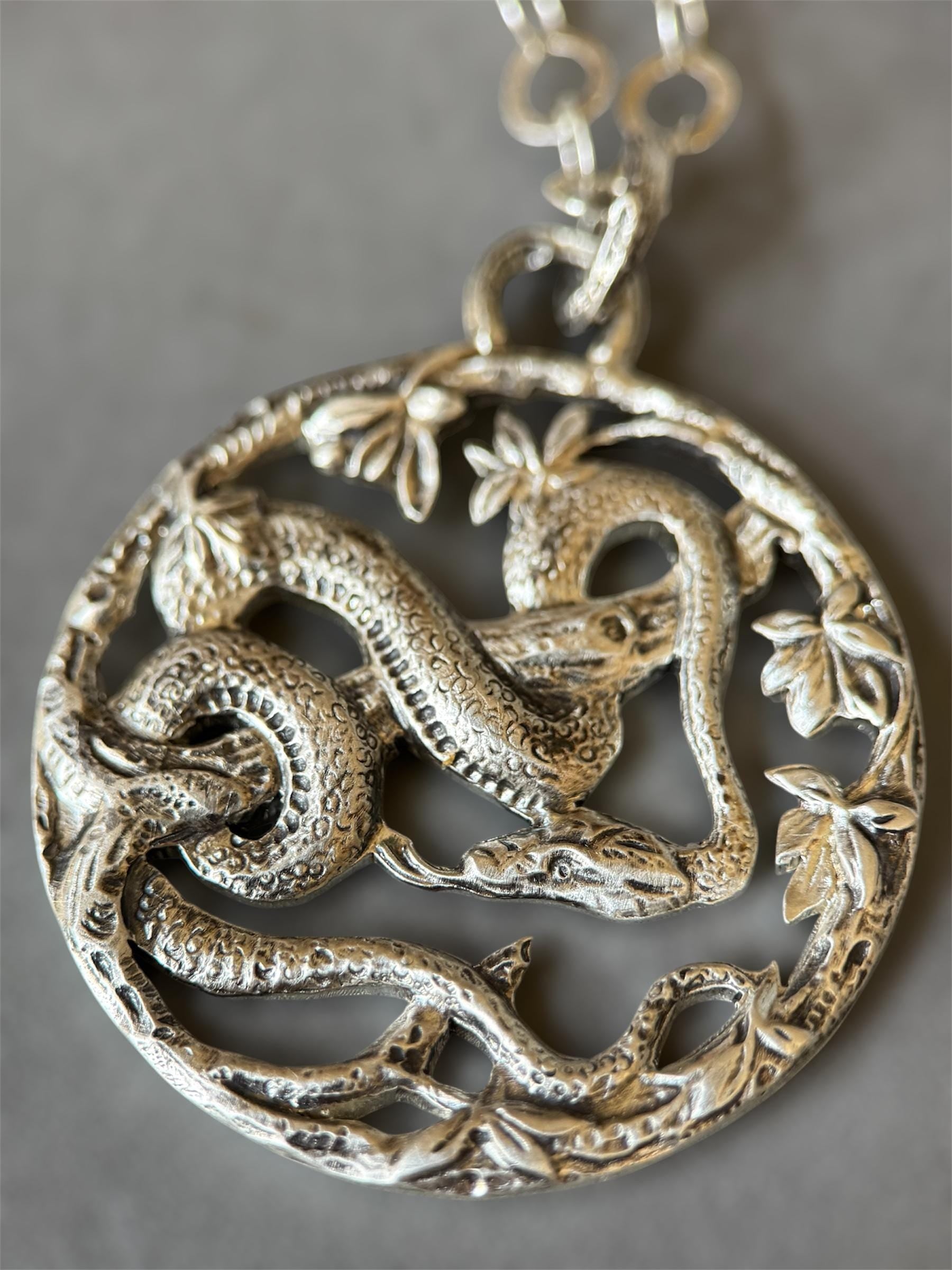 Snake in the Trees Pendant, Sterling Silver, Vintage Die pressed