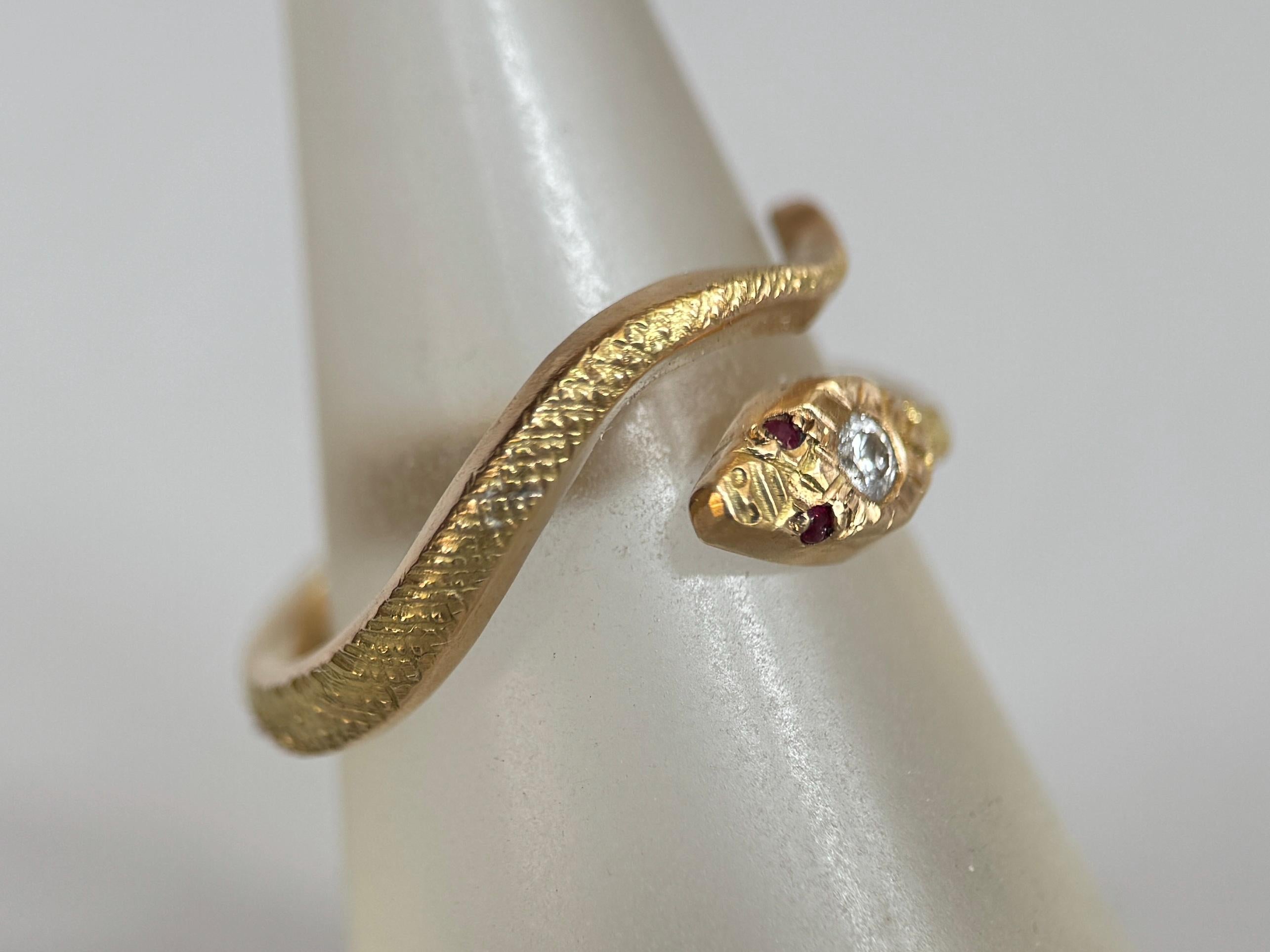 14K Gold Snake Ring with Diamond and Rubies