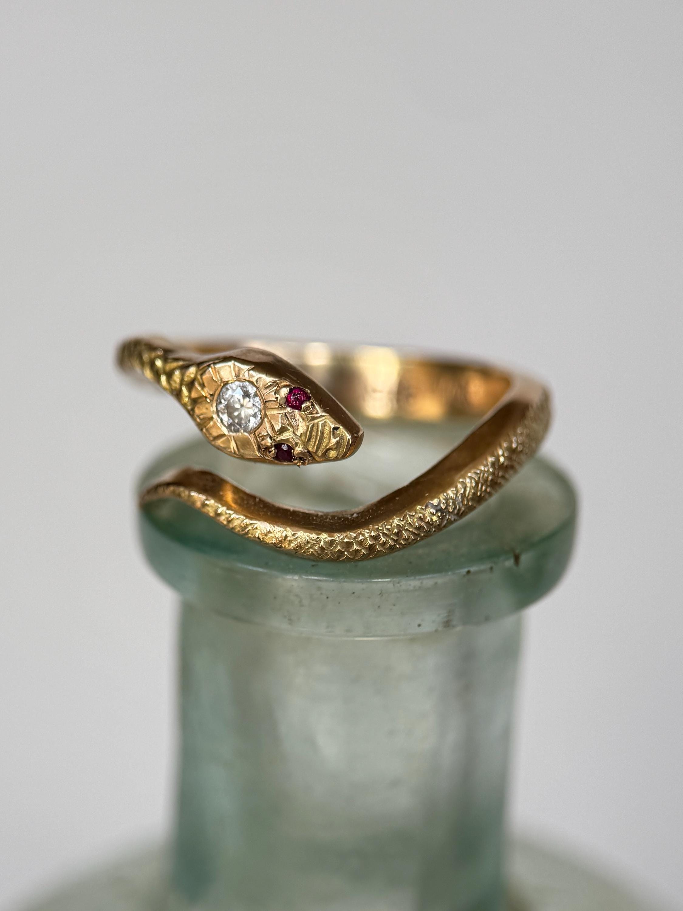 14K Gold Snake Ring with Diamond and Rubies