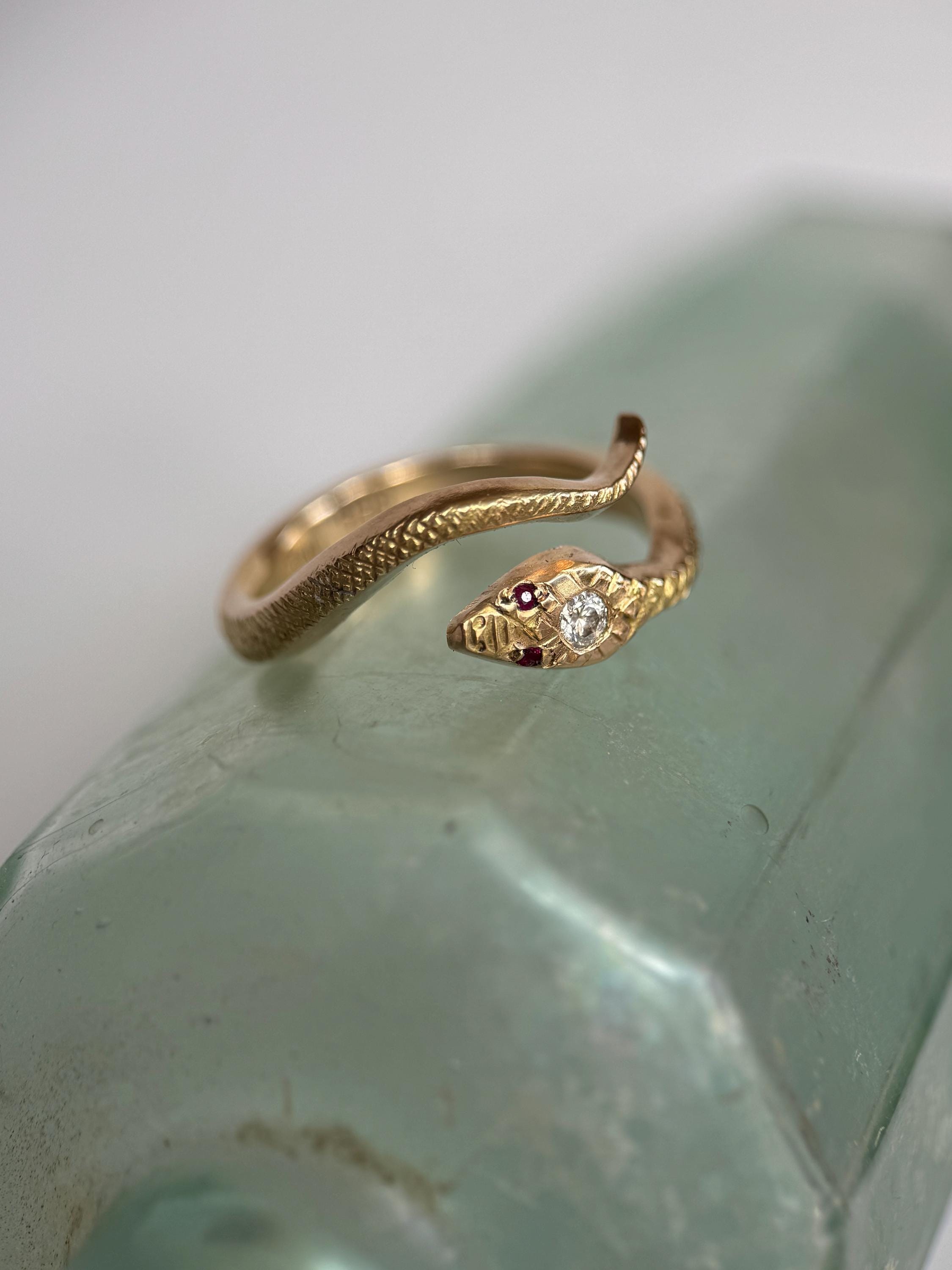 14K Gold Snake Ring with Diamond and Rubies