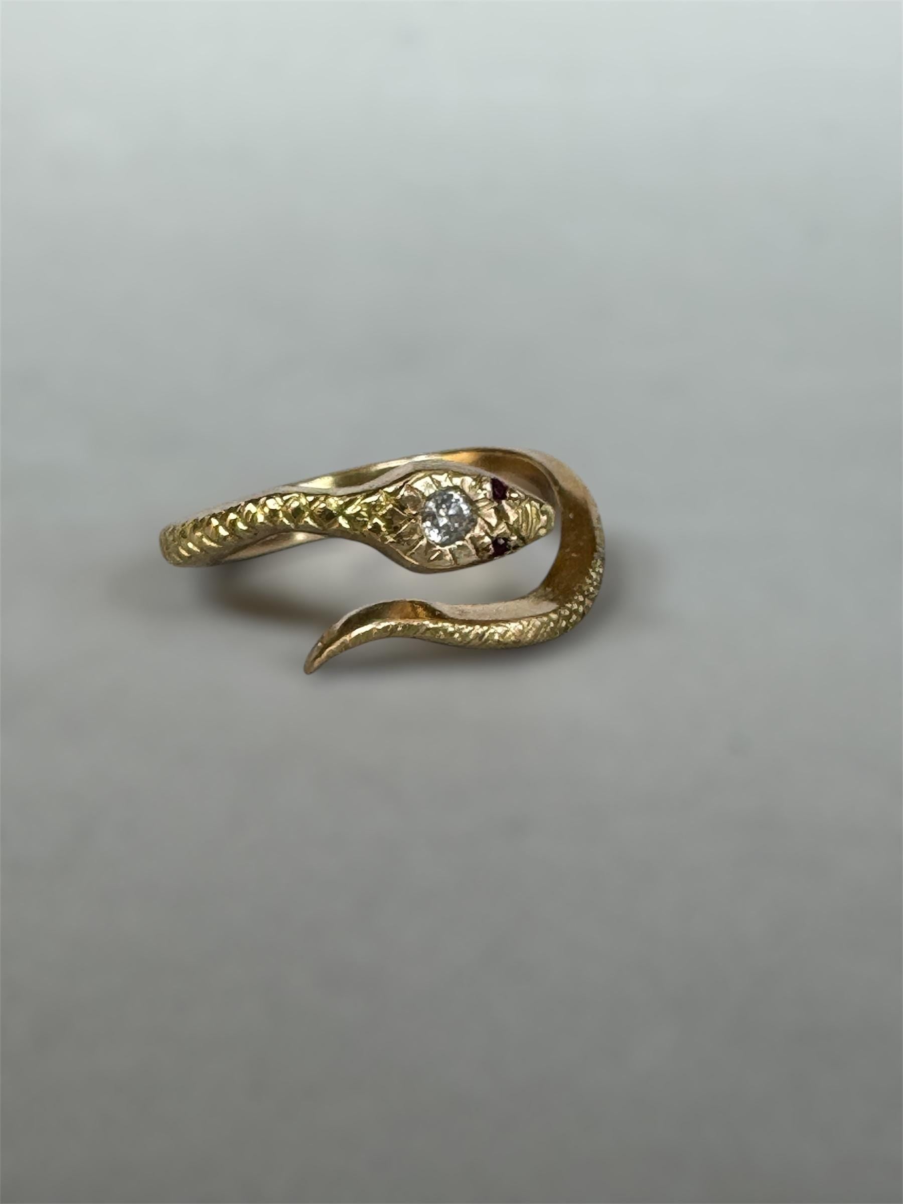 14K Gold Snake Ring with Diamond and Rubies
