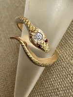 Load image into Gallery viewer, 14K Gold Snake Ring with Diamond and Rubies
