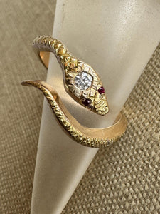 14K Gold Snake Ring with Diamond and Rubies