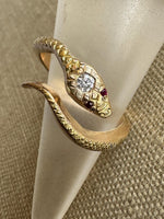 Load image into Gallery viewer, 14K Gold Snake Ring with Diamond and Rubies
