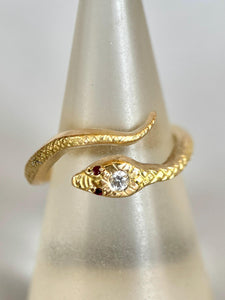 14K Gold Snake Ring with Diamond and Rubies