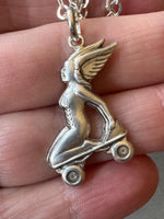 Load image into Gallery viewer, Roller Skating Angel pendant in sterling silver, roller derby, goddess Nike
