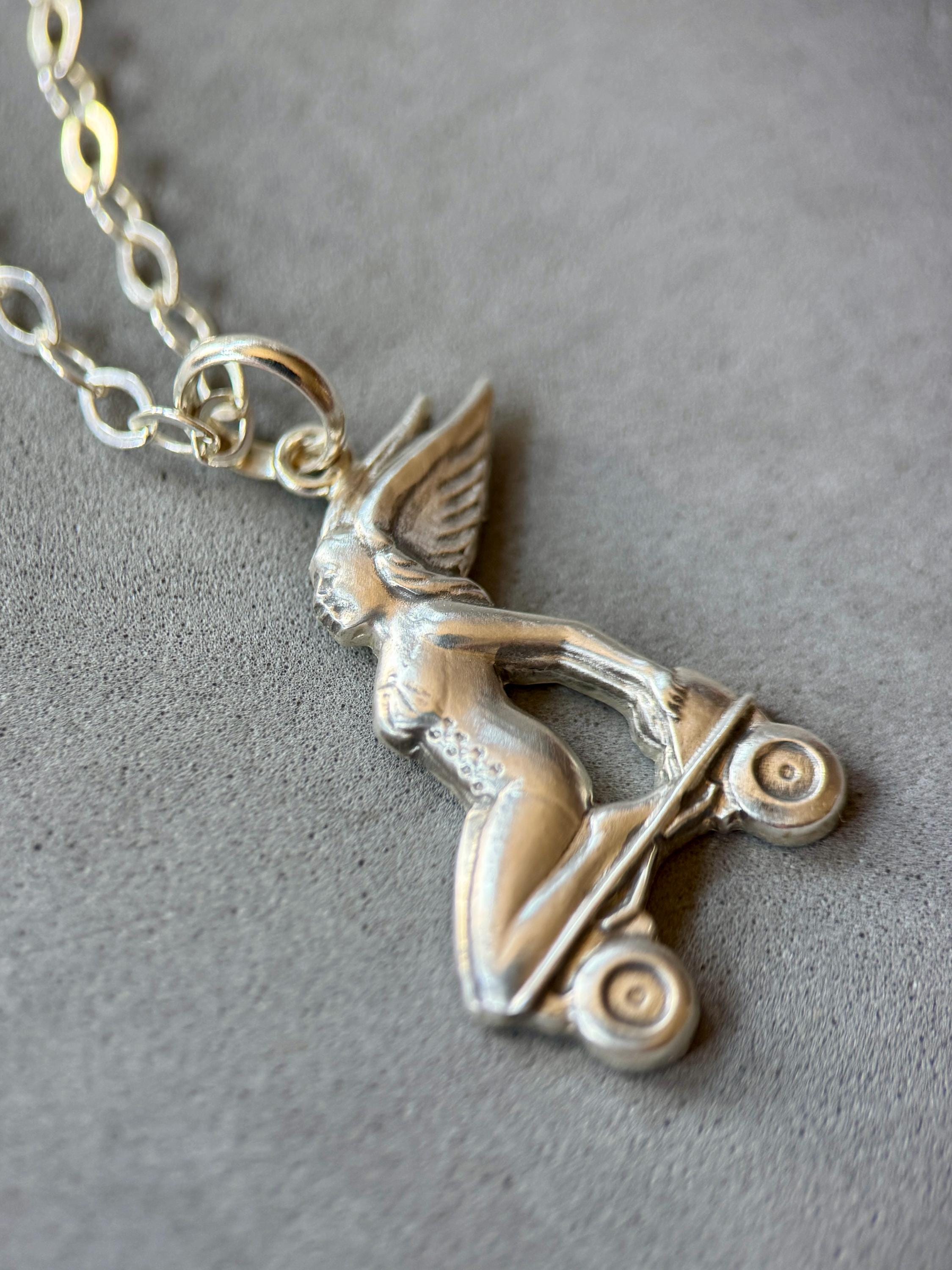 Roller Skating Angel pendant in sterling silver, roller derby, goddess Nike