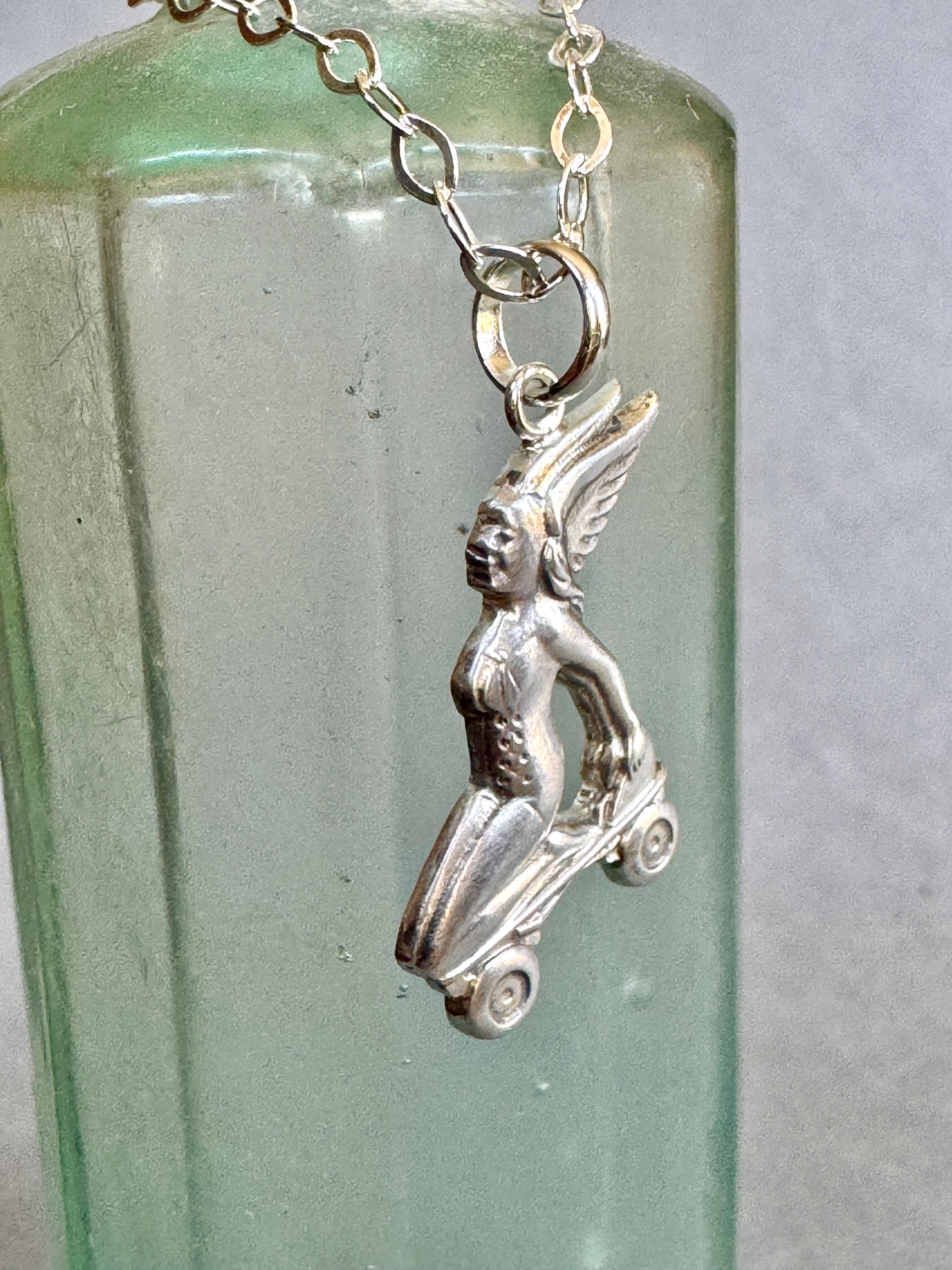 Roller Skating Angel pendant in sterling silver, roller derby, goddess Nike