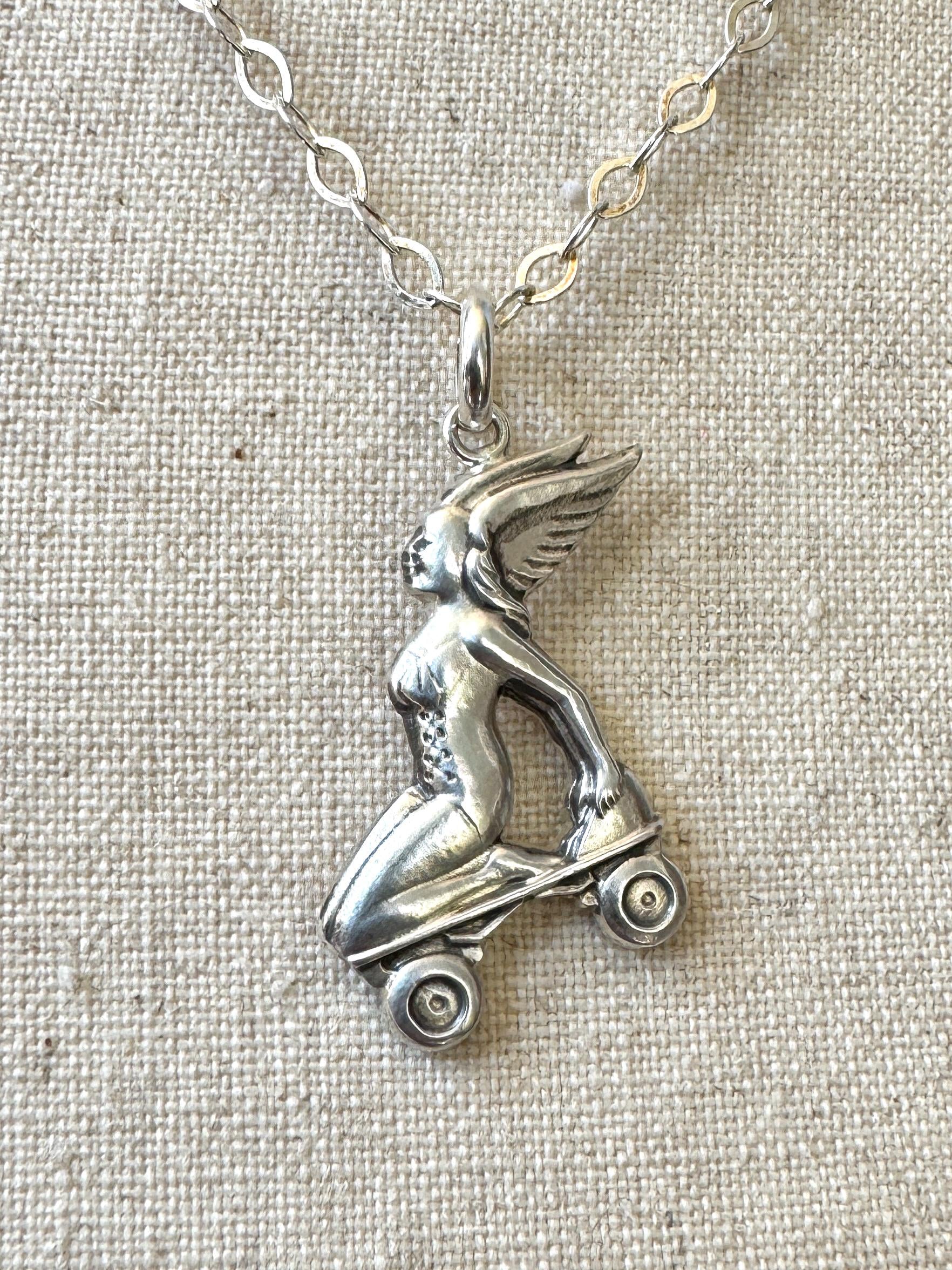 Roller Skating Angel pendant in sterling silver, roller derby, goddess Nike