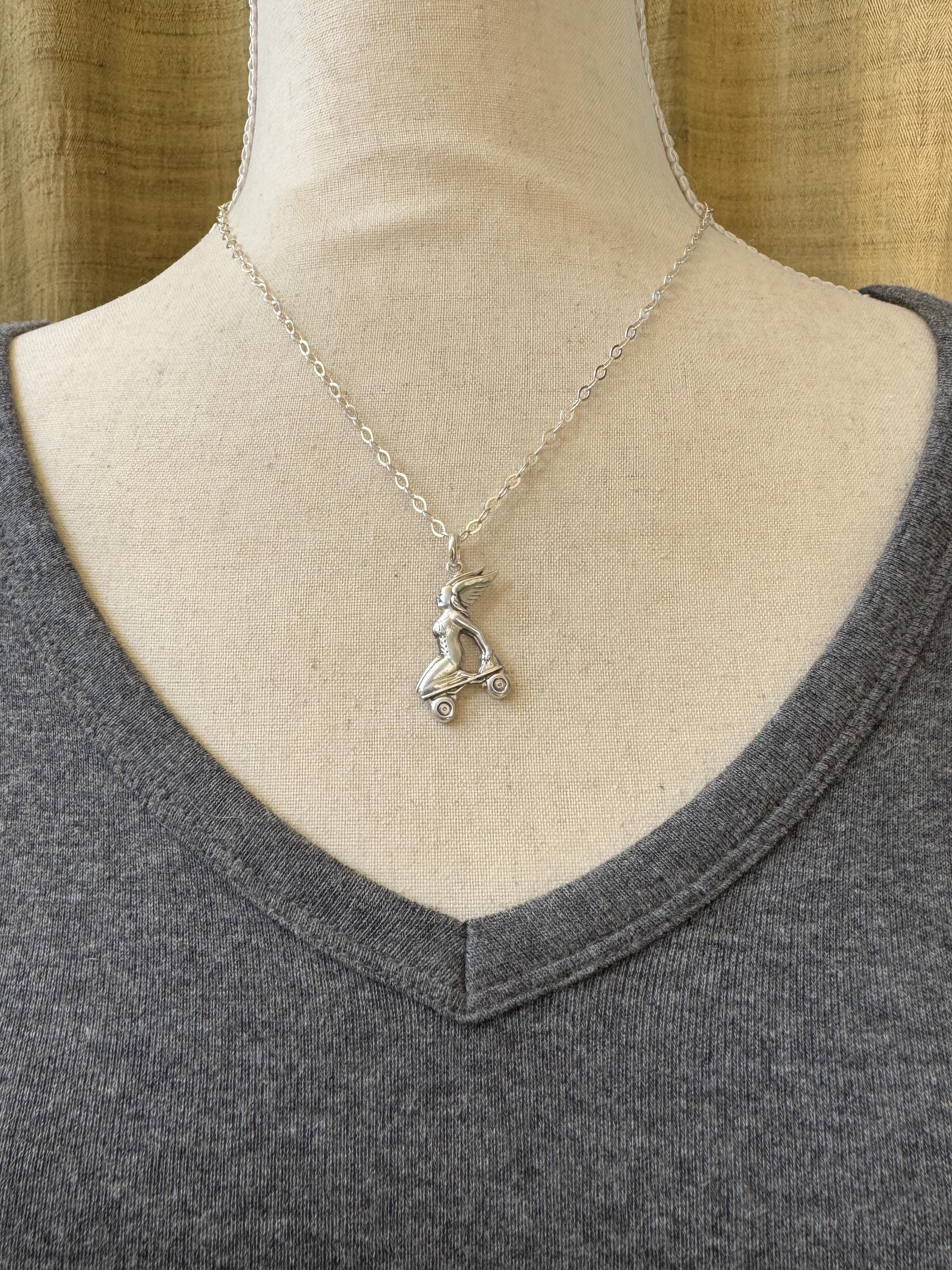 Roller Skating Angel pendant in sterling silver, roller derby, goddess Nike