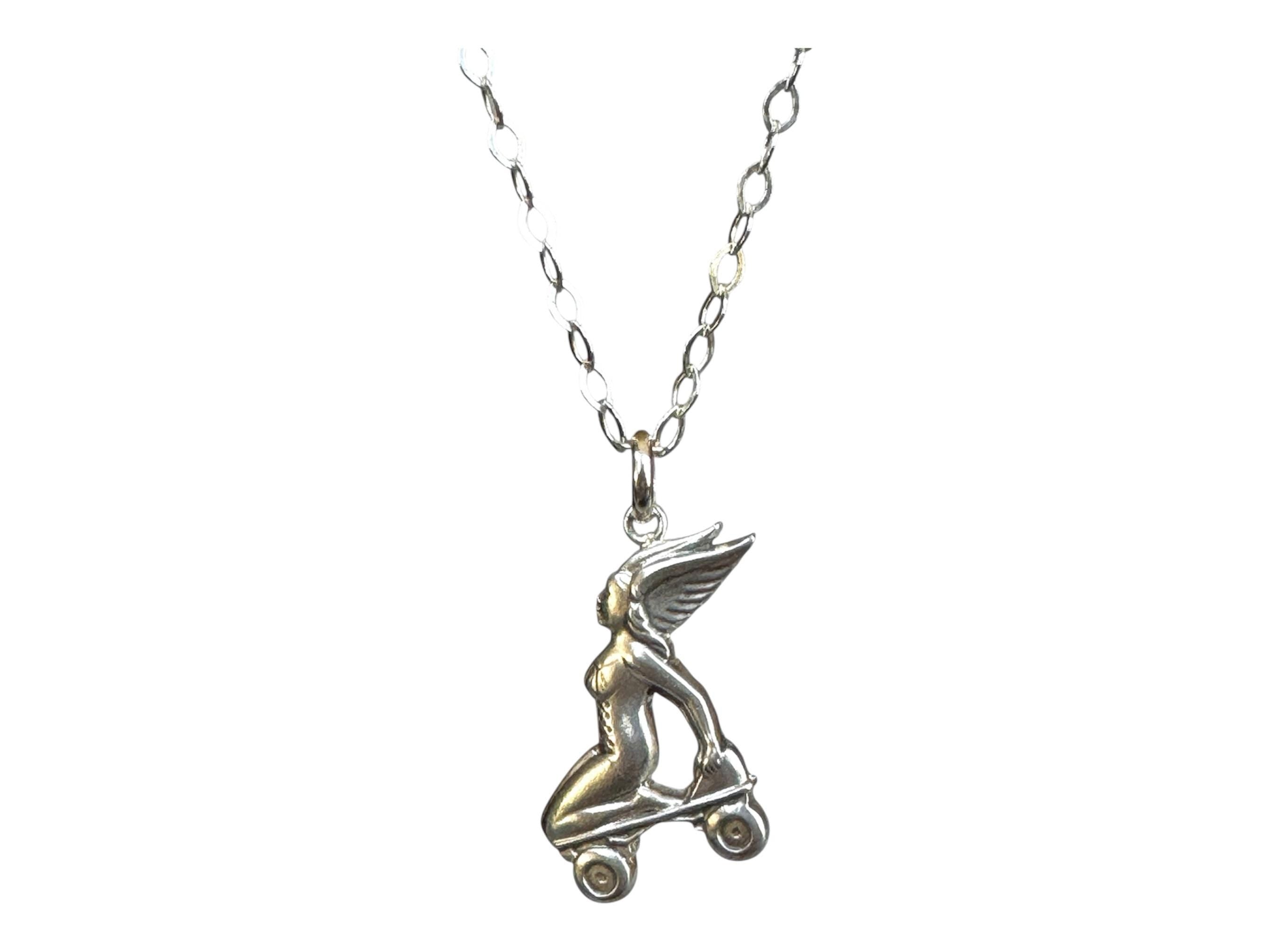 Roller Skating Angel pendant in sterling silver, roller derby, goddess Nike