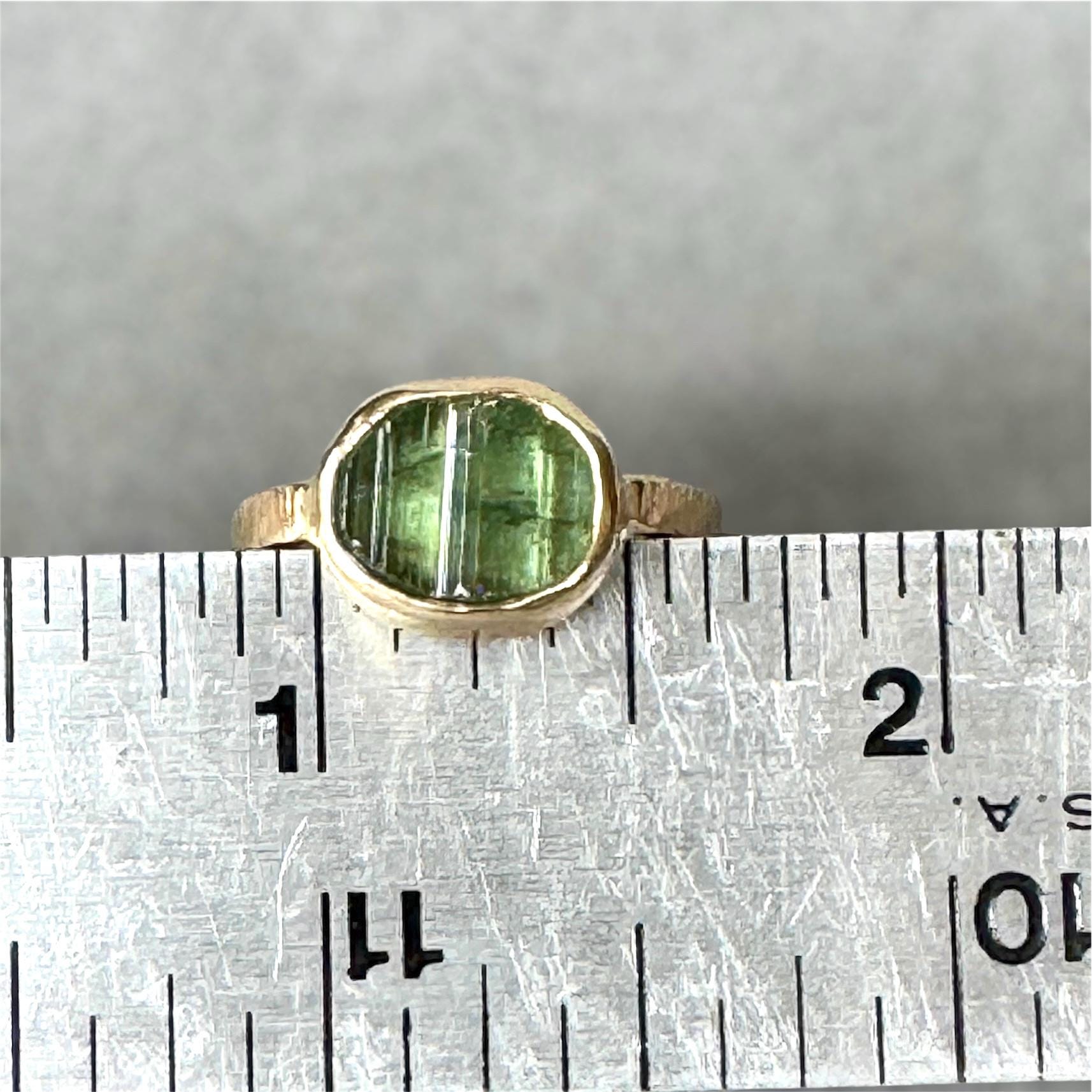 14K Gold Green Tourmaline ring, signet ring, natural raw stone