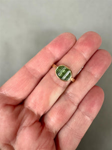 14K Gold Green Tourmaline ring, signet ring, natural raw stone