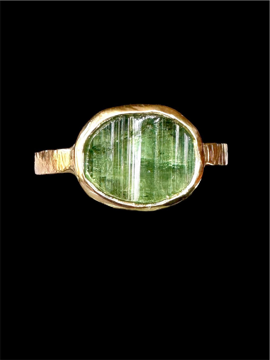 14K Gold Green Tourmaline ring, signet ring, natural raw stone