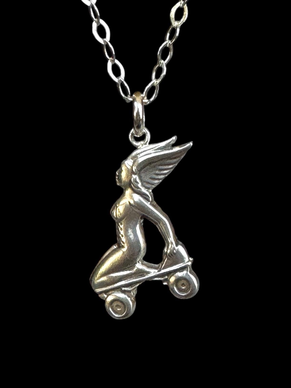 Roller Skating Angel pendant in sterling silver, roller derby, goddess Nike