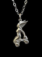 Load image into Gallery viewer, Roller Skating Angel pendant in sterling silver, roller derby, goddess Nike
