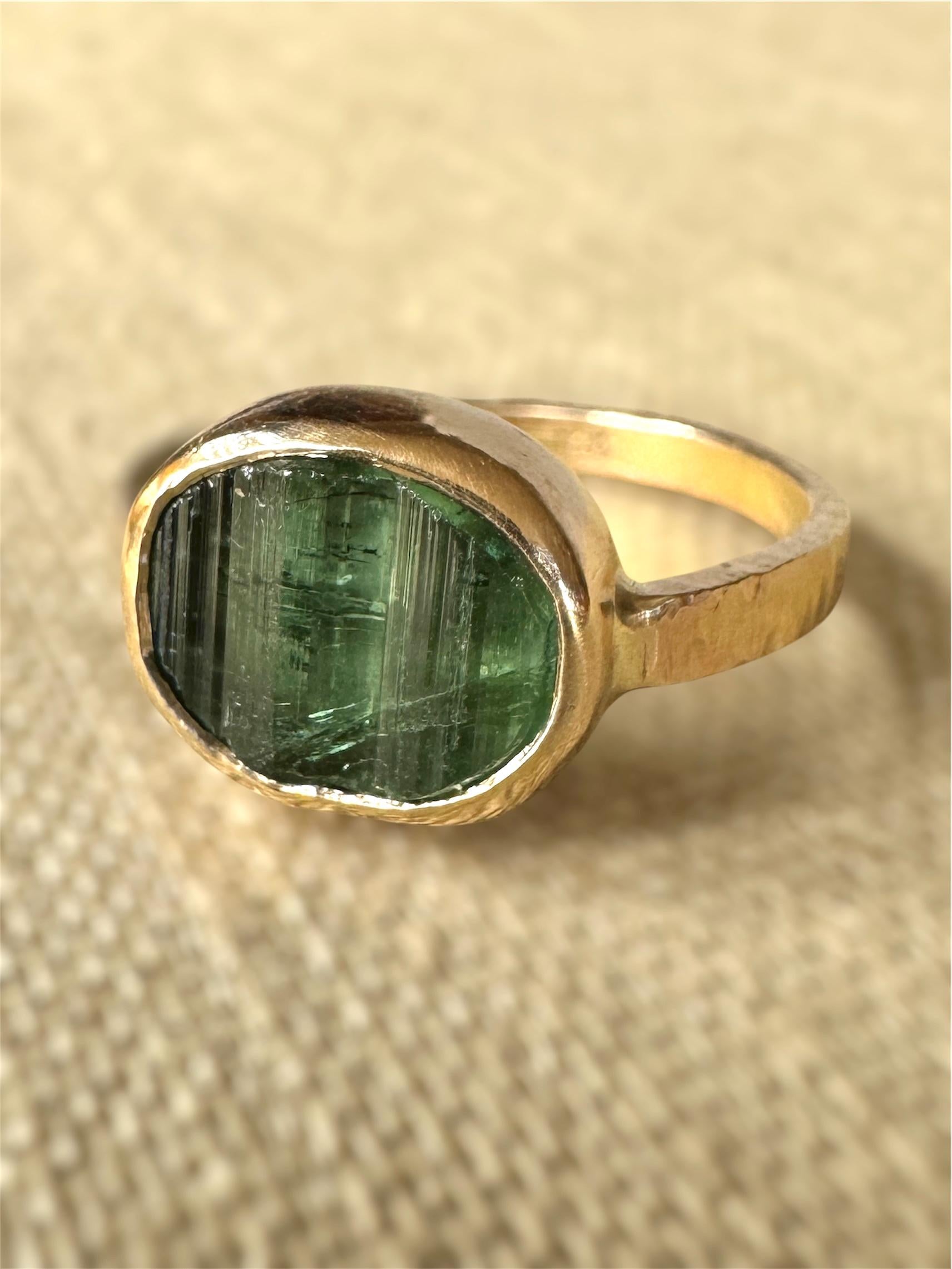 14K Gold Green Tourmaline ring, signet ring, natural raw stone