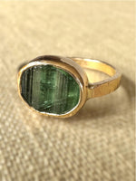 Load image into Gallery viewer, 14K Gold Green Tourmaline ring, signet ring, natural raw stone

