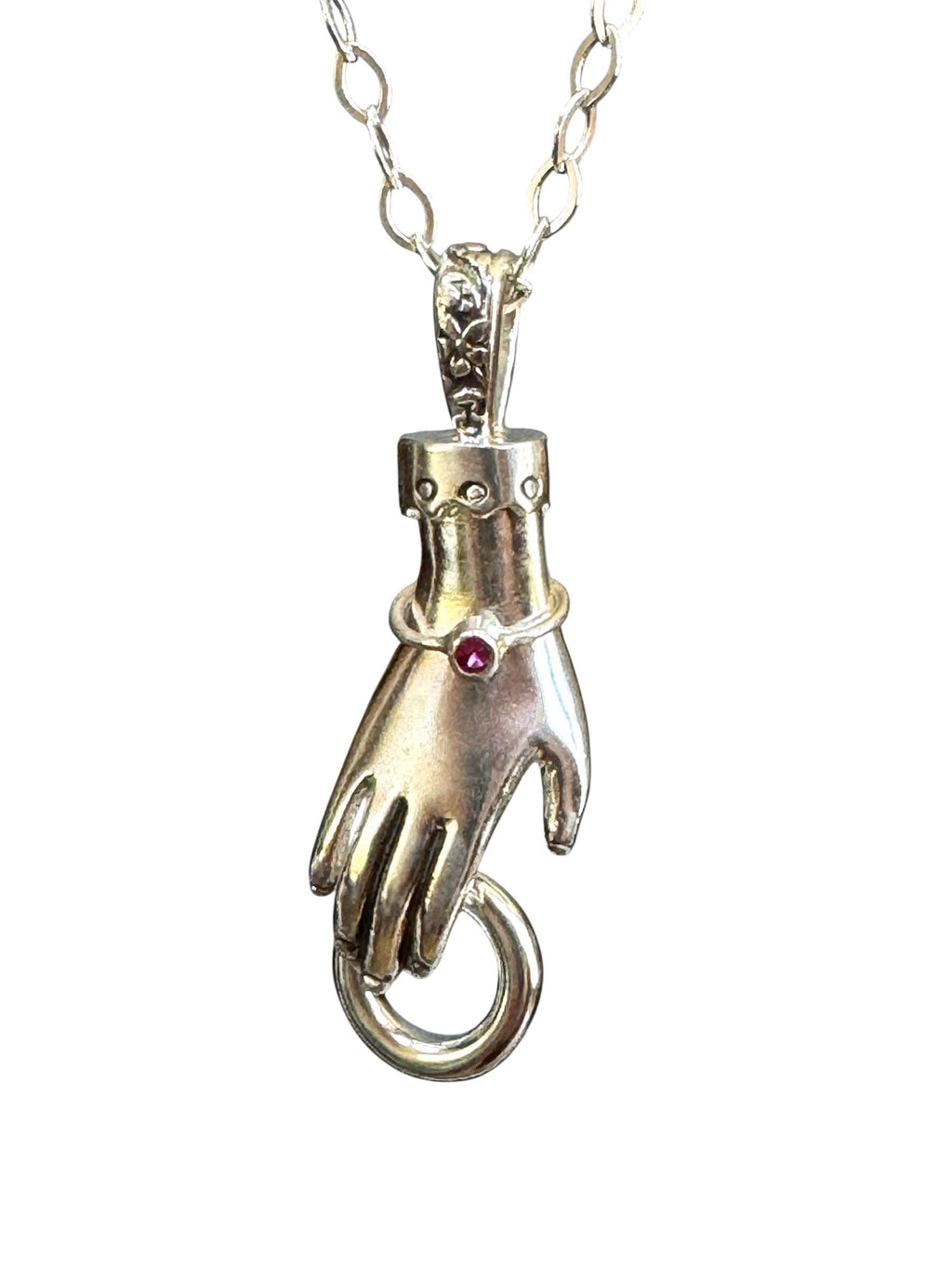 Victorian hand charm holder pendant in sterling silver. Small bangle with Ruby.