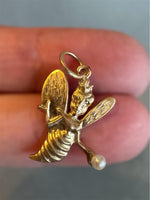 Load image into Gallery viewer, 10K Gold Bee Charm with Pearl, Retro Bee Pendant, 1960s Logo Jewelry
