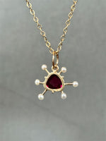 Load image into Gallery viewer, Atomic Rhodolite Garnet and Pearl 10K gold charm, solid gold
