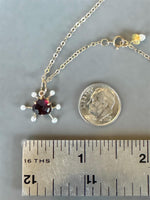 Load image into Gallery viewer, Atomic Rhodolite Garnet and Pearl 10K gold charm, solid gold

