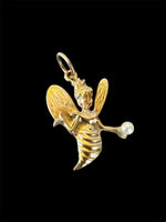 Load image into Gallery viewer, 10K Gold Bee Charm with Pearl, Retro Bee Pendant, 1960s Logo Jewelry
