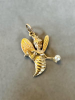 Load image into Gallery viewer, 10K Gold Bee Charm with Pearl, Retro Bee Pendant, 1960s Logo Jewelry
