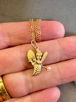 Load image into Gallery viewer, 10K Gold Bee Charm with Pearl, Retro Bee Pendant, 1960s Logo Jewelry

