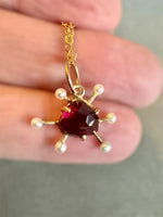 Load image into Gallery viewer, Atomic Rhodolite Garnet and Pearl 10K gold charm, solid gold
