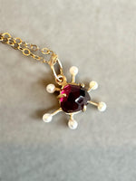 Load image into Gallery viewer, Atomic Rhodolite Garnet and Pearl 10K gold charm, solid gold
