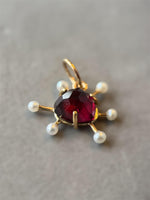 Load image into Gallery viewer, Atomic Rhodolite Garnet and Pearl 10K gold charm, solid gold
